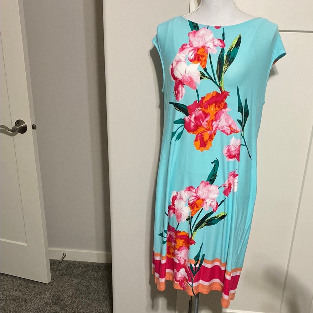 Like New Chico’s Size 2 Turquoise Floral Midi Dress with Pink & Orange Accents!